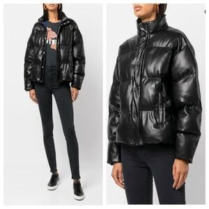 MOTHER Black The Drop Pillow Talk Faux Leather Puffer Jacket Coat Women Medium
